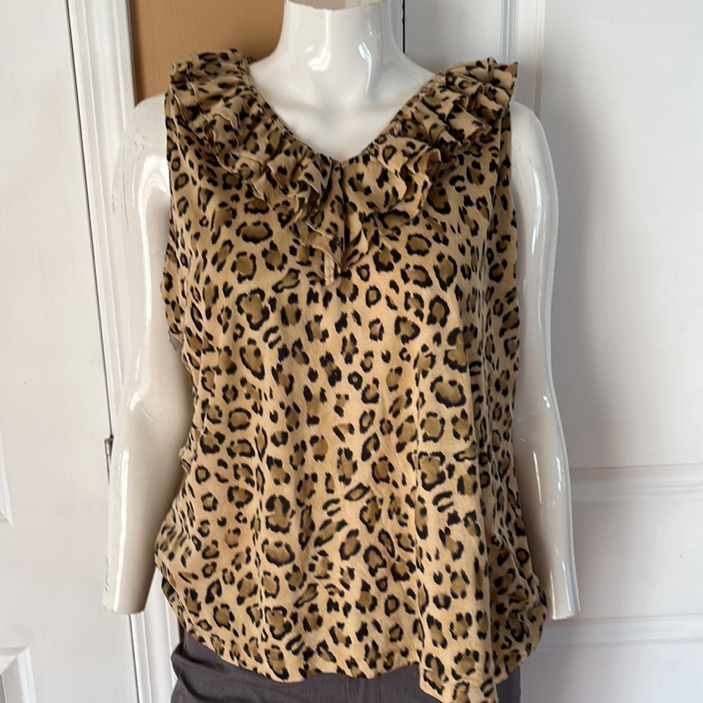 Ralph Lauren Leopard Print Ruffle V-Neck Sleeveless Top - Tan & Black